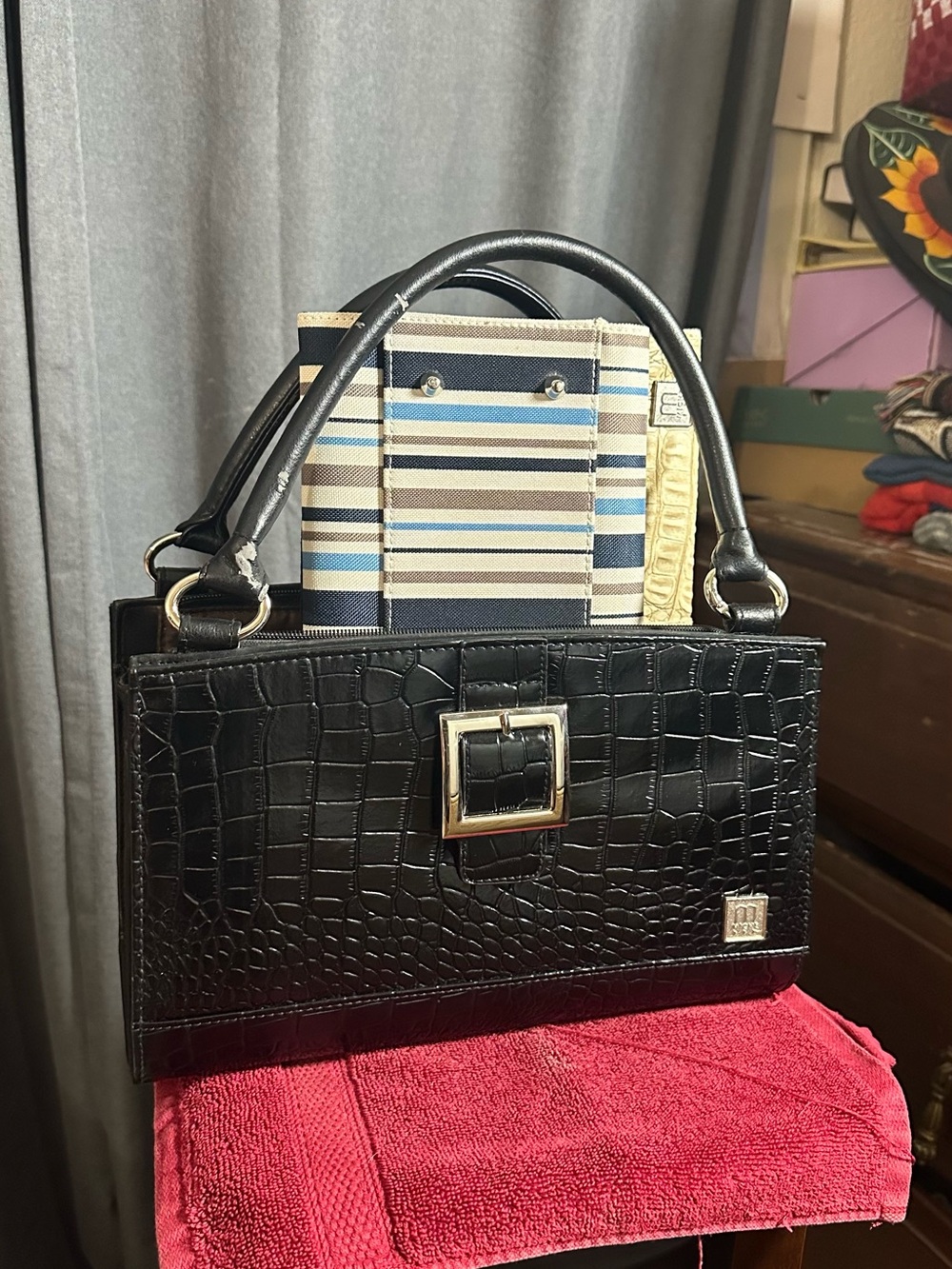 Black Croc-Embossed Top-Handle Bag with Silver Buckle